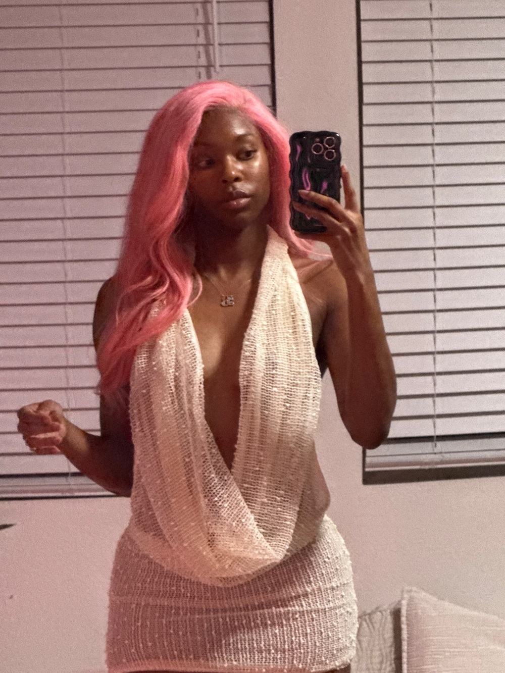 Sheer Knit Cowl Neck Mini Dress - Off white